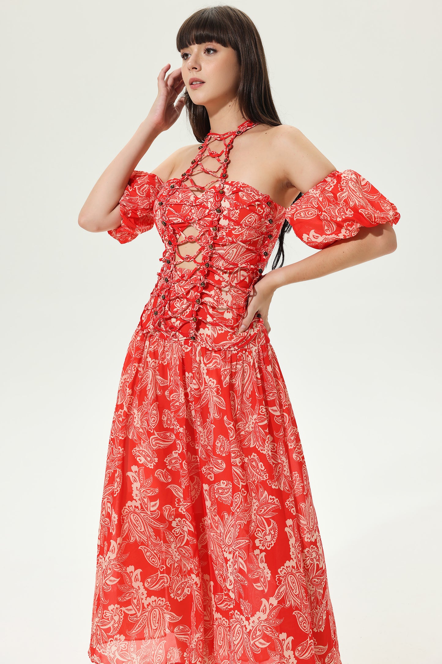 Floral Cut-Out Halter Neck Tapered Waist Maxi Dress
