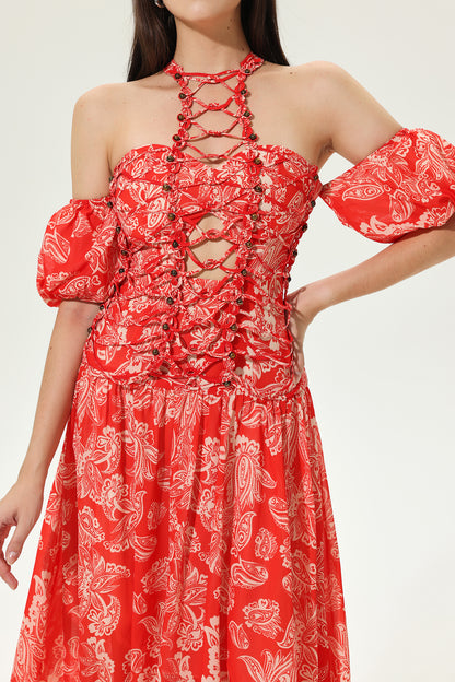 Floral Cut-Out Halter Neck Tapered Waist Maxi Dress