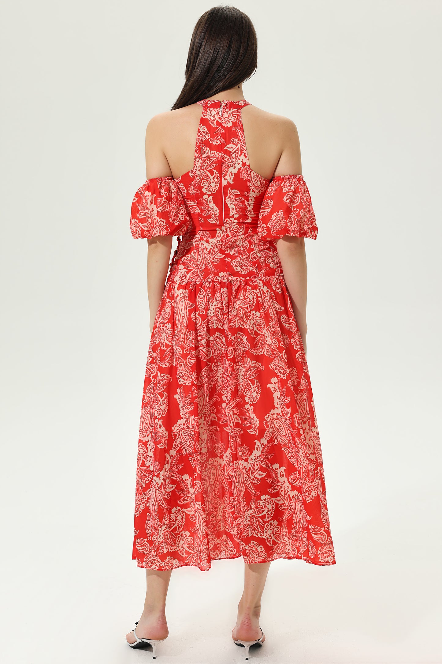 Floral Cut-Out Halter Neck Tapered Waist Maxi Dress