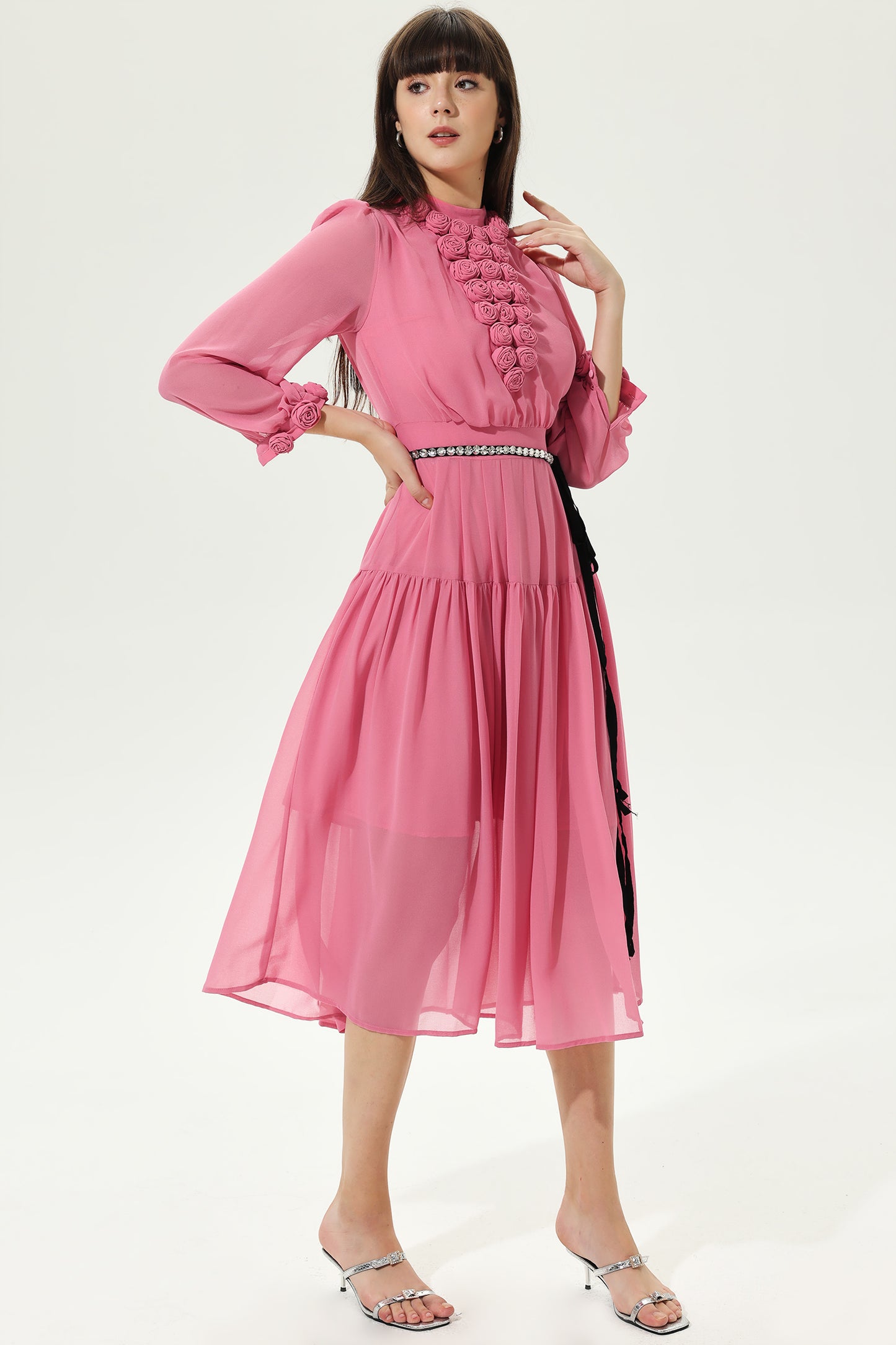 3D Flower Lantern Sleeve Crew Collar Midi Dress