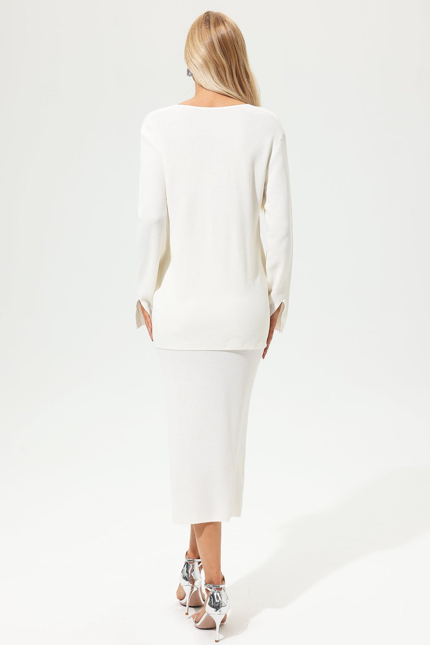 Long Sleeve V-Neck Slim Dress Two-piece Set White