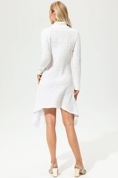 Knit Long Sleeve Turtleneck Ruffled Mini Dress White