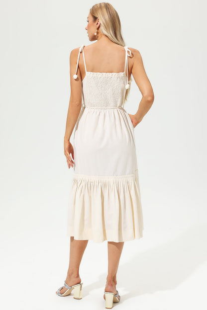 Pleated Lace Up Midi Dress White