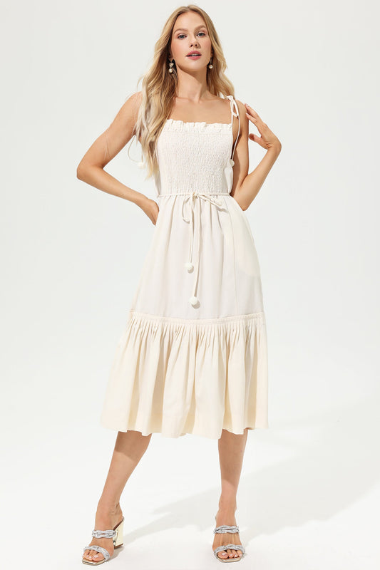 Pleated Lace Up Midi Dress White