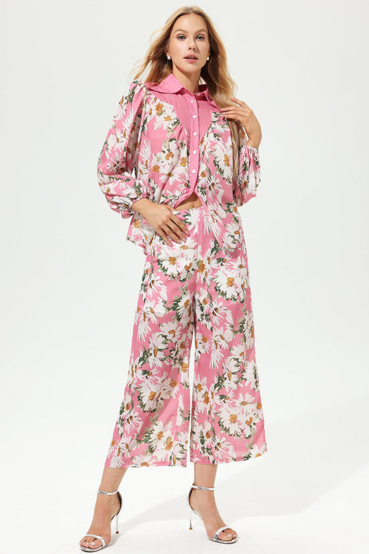 Floral Puff Sleeve Lapel Wide Leg Pants Set
