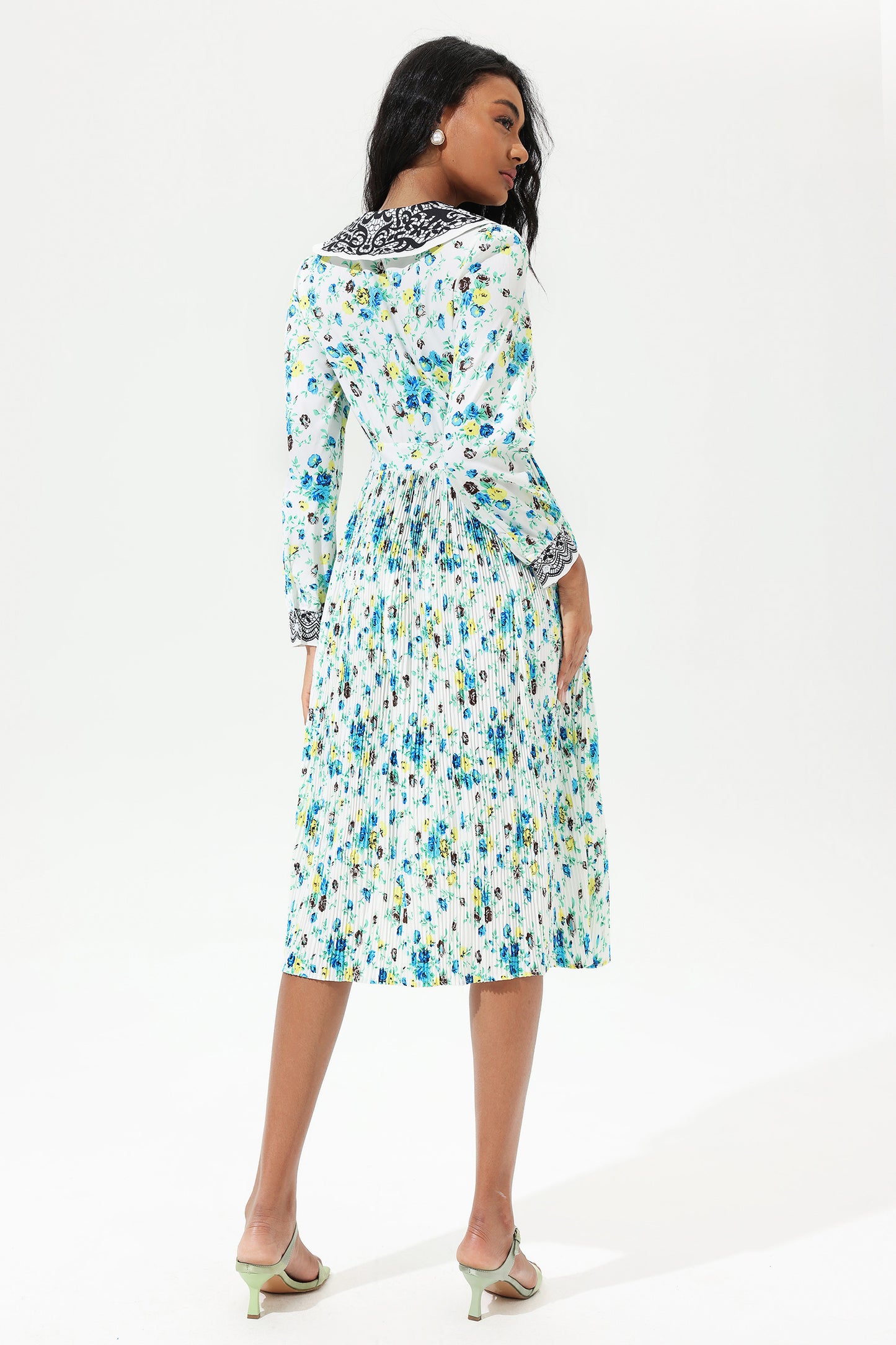 Floral Lantern Sleeve Doll Collar Lace Midi Dress