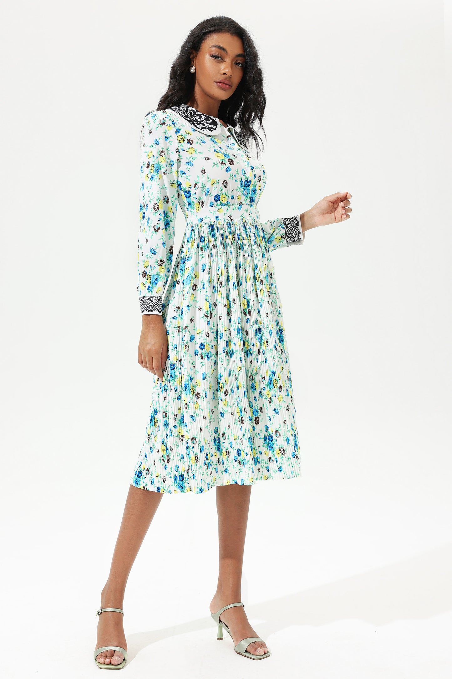 Floral Lantern Sleeve Doll Collar Lace Midi Dress