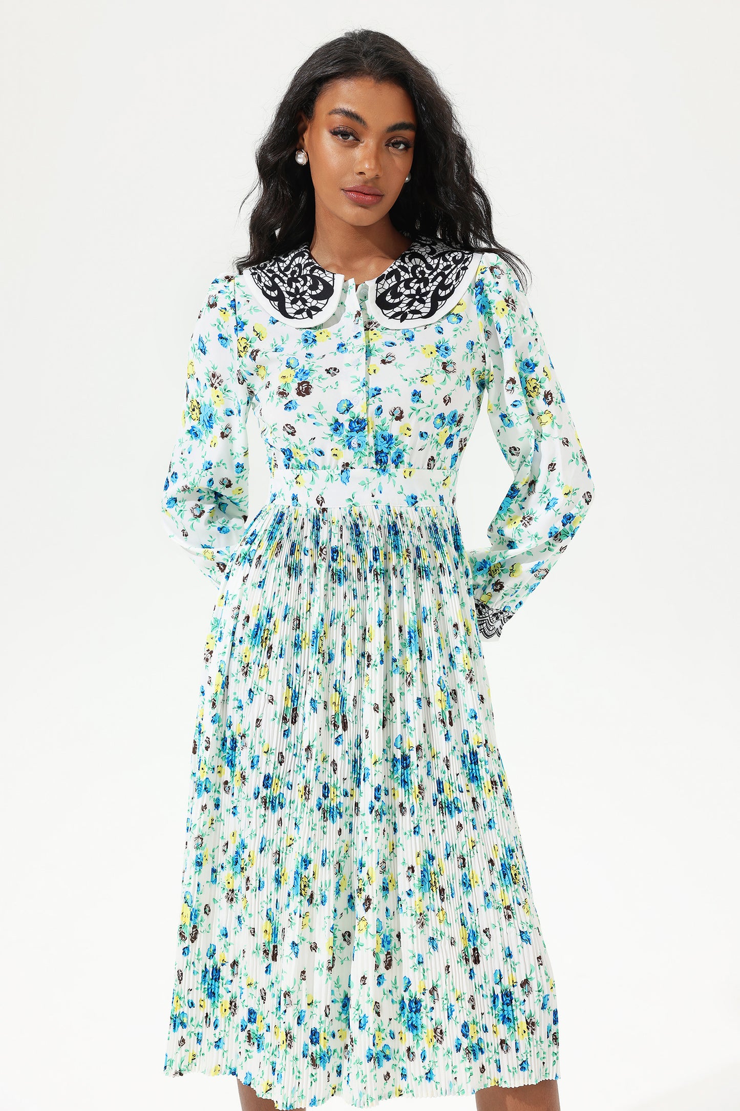 Floral Lantern Sleeve Doll Collar Lace Midi Dress