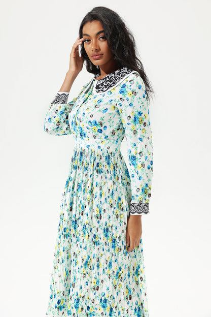 Floral Lantern Sleeve Doll Collar Lace Midi Dress