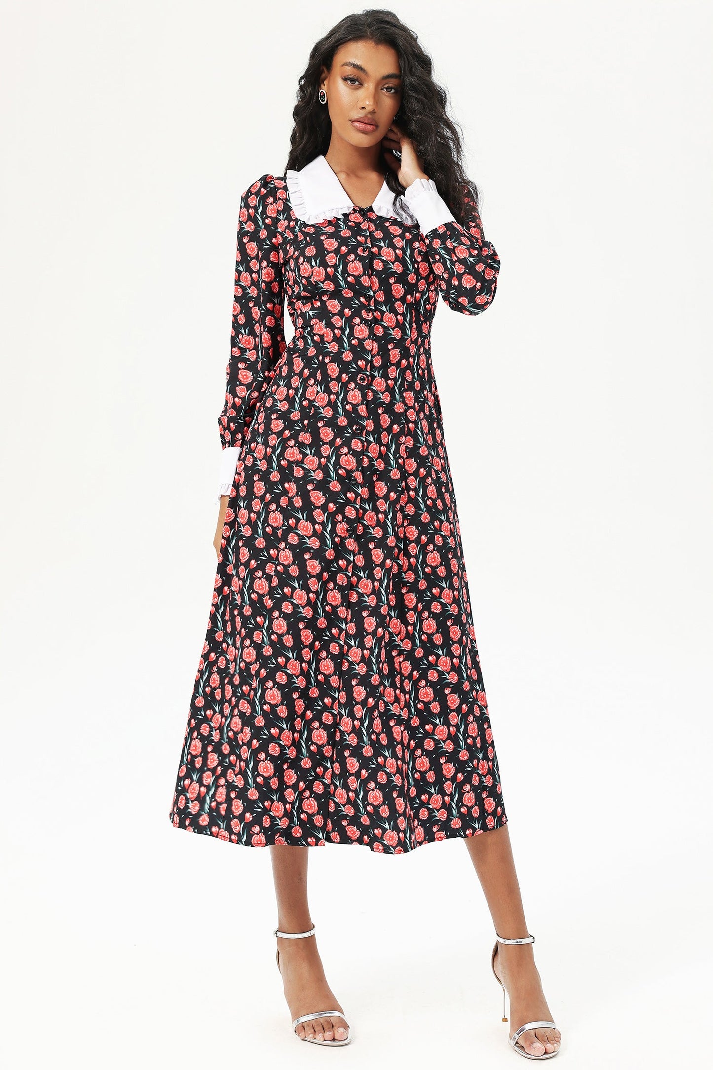 Floral Long Sleeve Doll Collar Buttoned Midi Dress Black