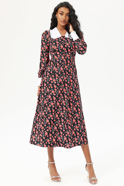 Floral Long Sleeve Doll Collar Buttoned Midi Dress Black