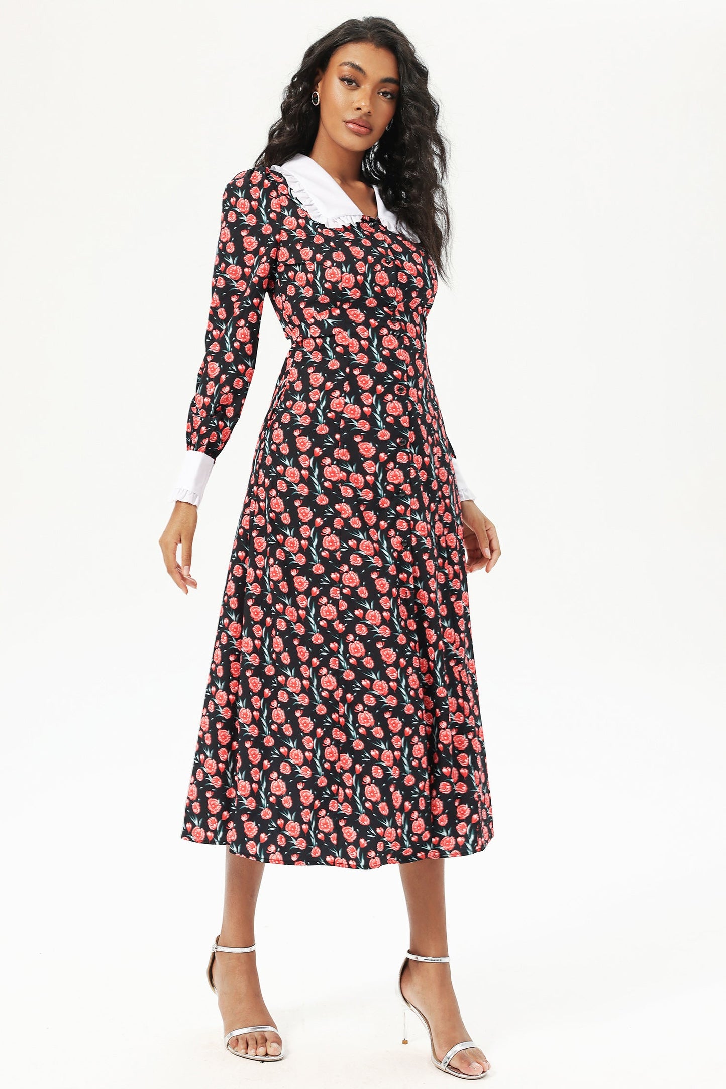 Floral Long Sleeve Doll Collar Buttoned Midi Dress Black