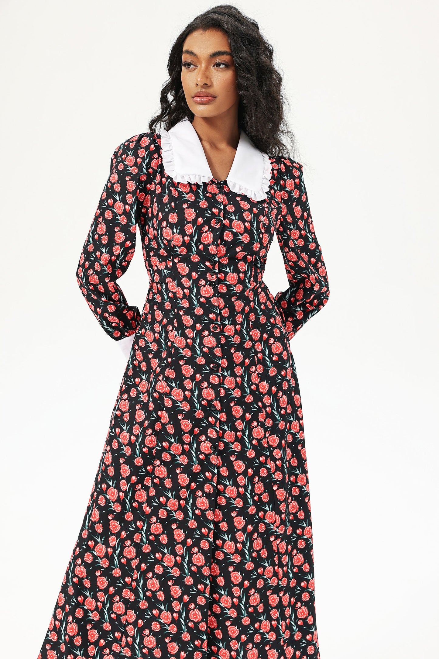 Floral Long Sleeve Doll Collar Buttoned Midi Dress Black