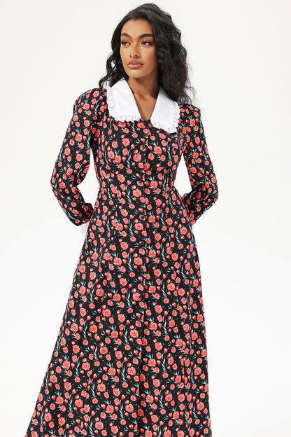 Floral Long Sleeve Doll Collar Buttoned Midi Dress Black