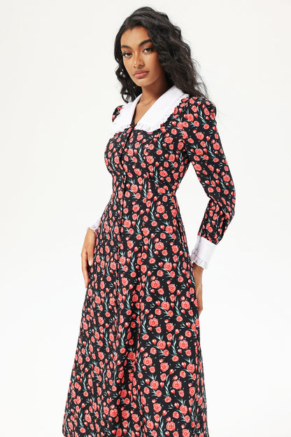 Floral Long Sleeve Doll Collar Buttoned Midi Dress Black