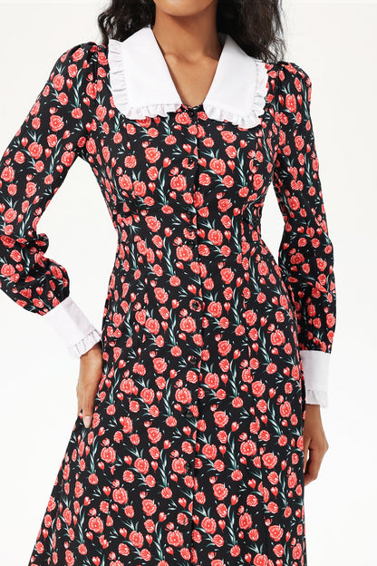 Floral Long Sleeve Doll Collar Buttoned Midi Dress Black
