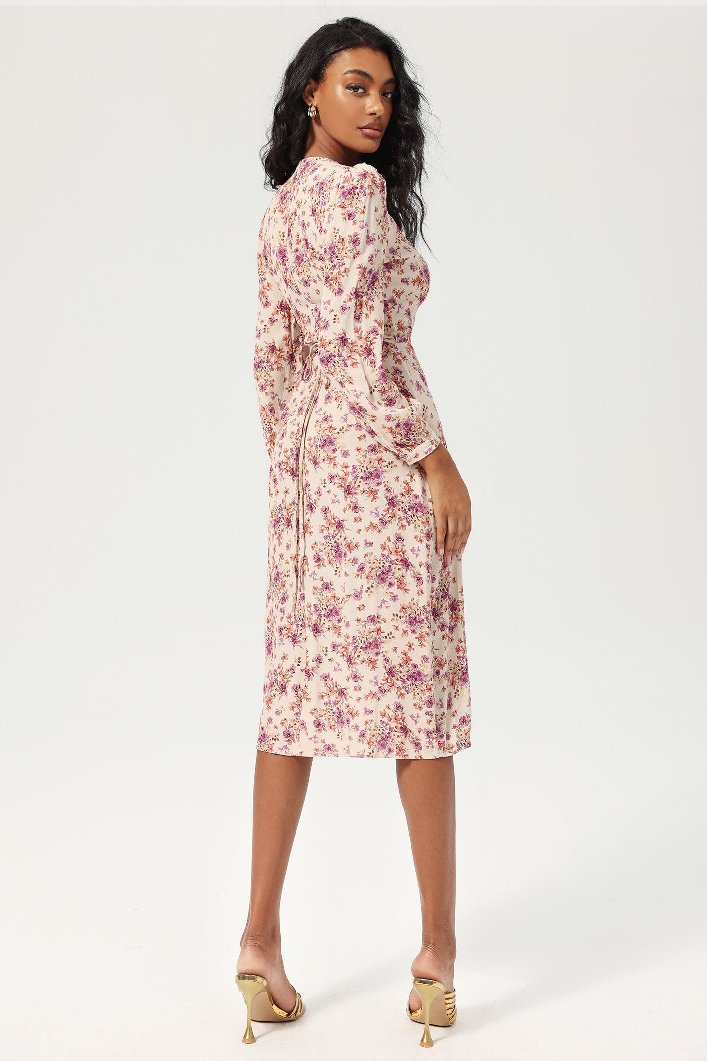 Floral Long Sleeve V-Neck Lace Up Split Midi Dress Purple