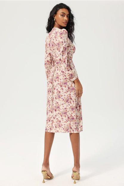 Floral Long Sleeve V-Neck Lace Up Split Midi Dress Purple