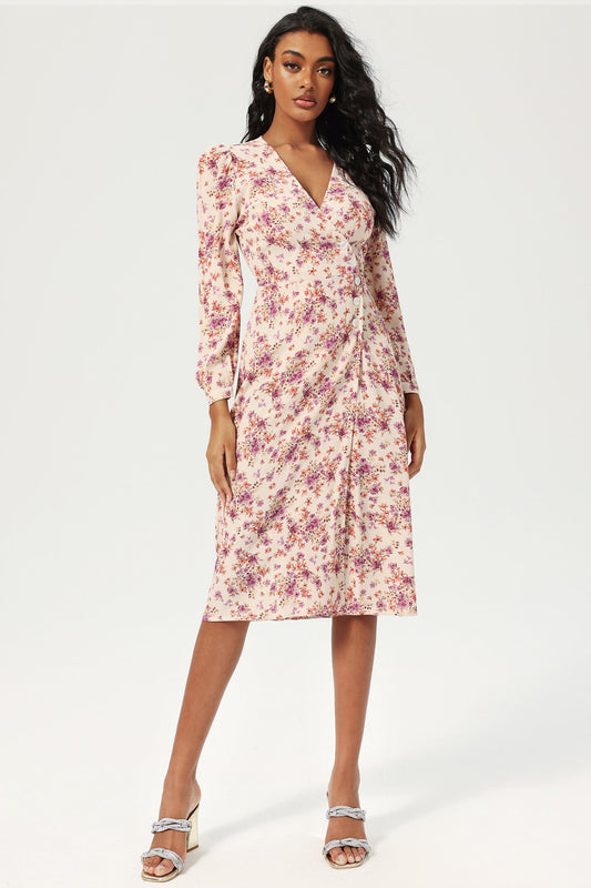 Floral Long Sleeve V-Neck Lace Up Split Midi Dress Purple