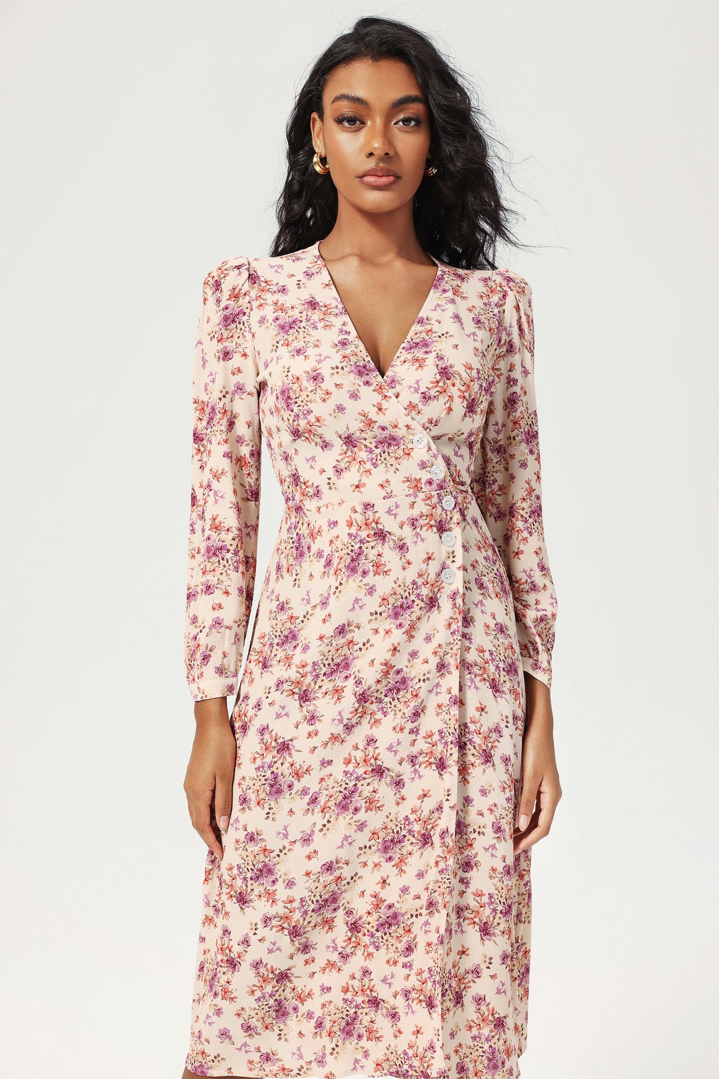 Floral Long Sleeve V-Neck Lace Up Split Midi Dress Purple