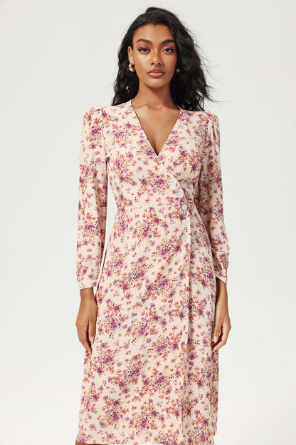 Floral Long Sleeve V-Neck Lace Up Split Midi Dress Purple