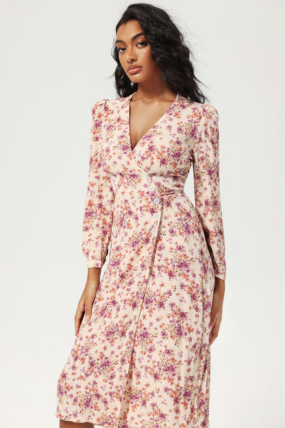 Floral Long Sleeve V-Neck Lace Up Split Midi Dress Purple