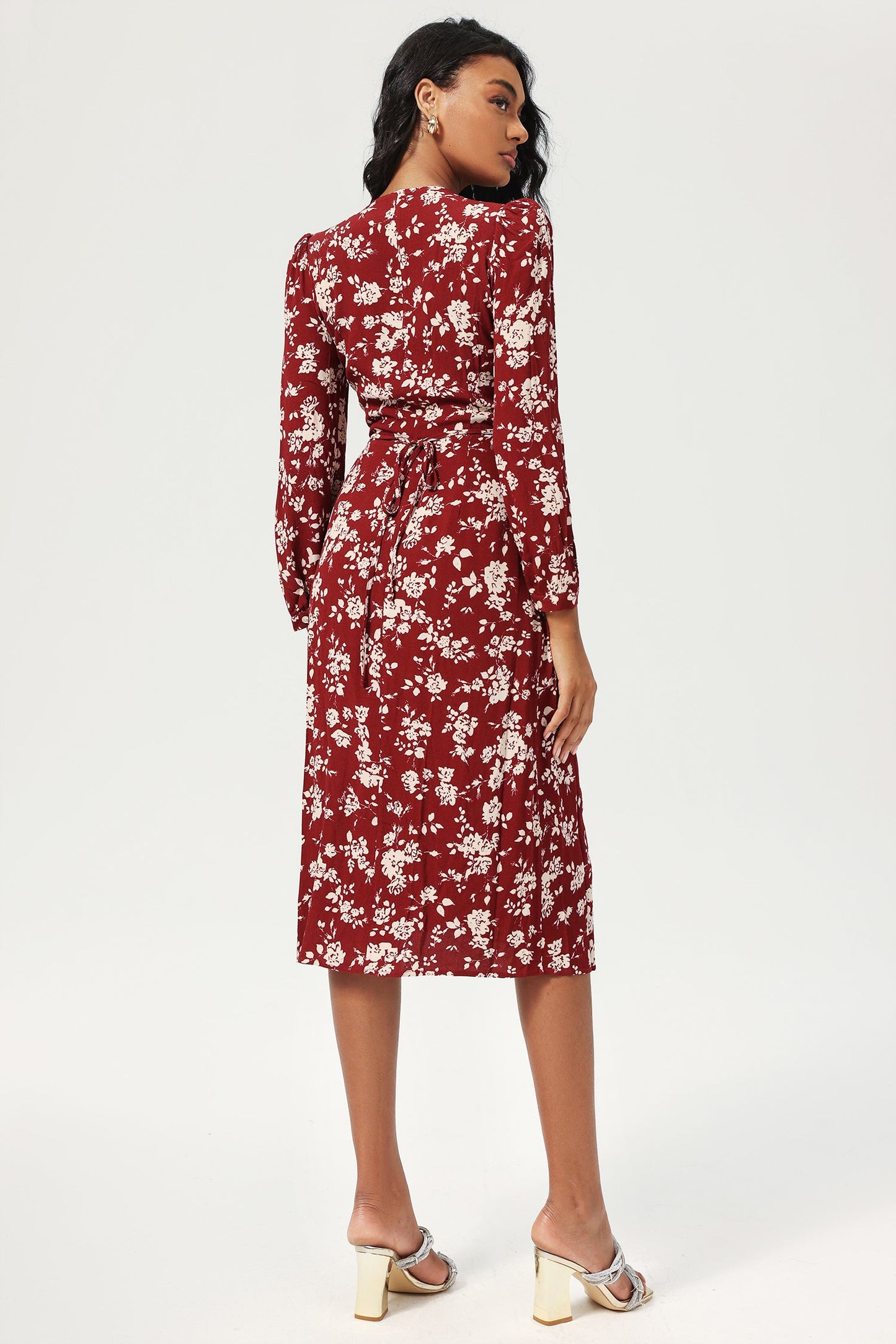 Floral Long Sleeve V-Neck Split Midi Dress Red