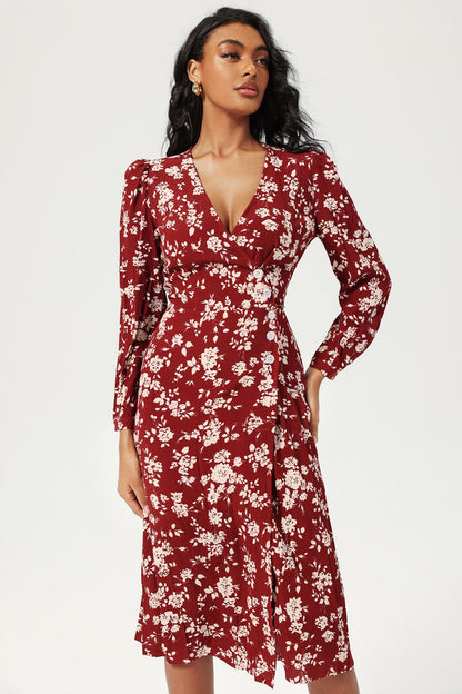 Floral Long Sleeve V-Neck Split Midi Dress Red