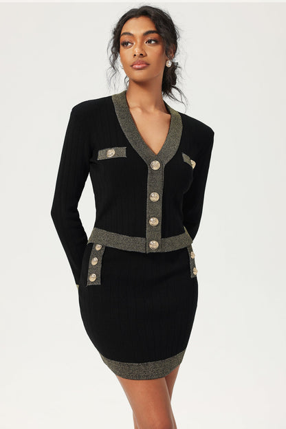 Long Sleeve Buckle Skirt Knit Two-piece Set Black