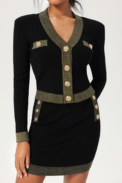 Long Sleeve Buckle Skirt Knit Two-piece Set Black