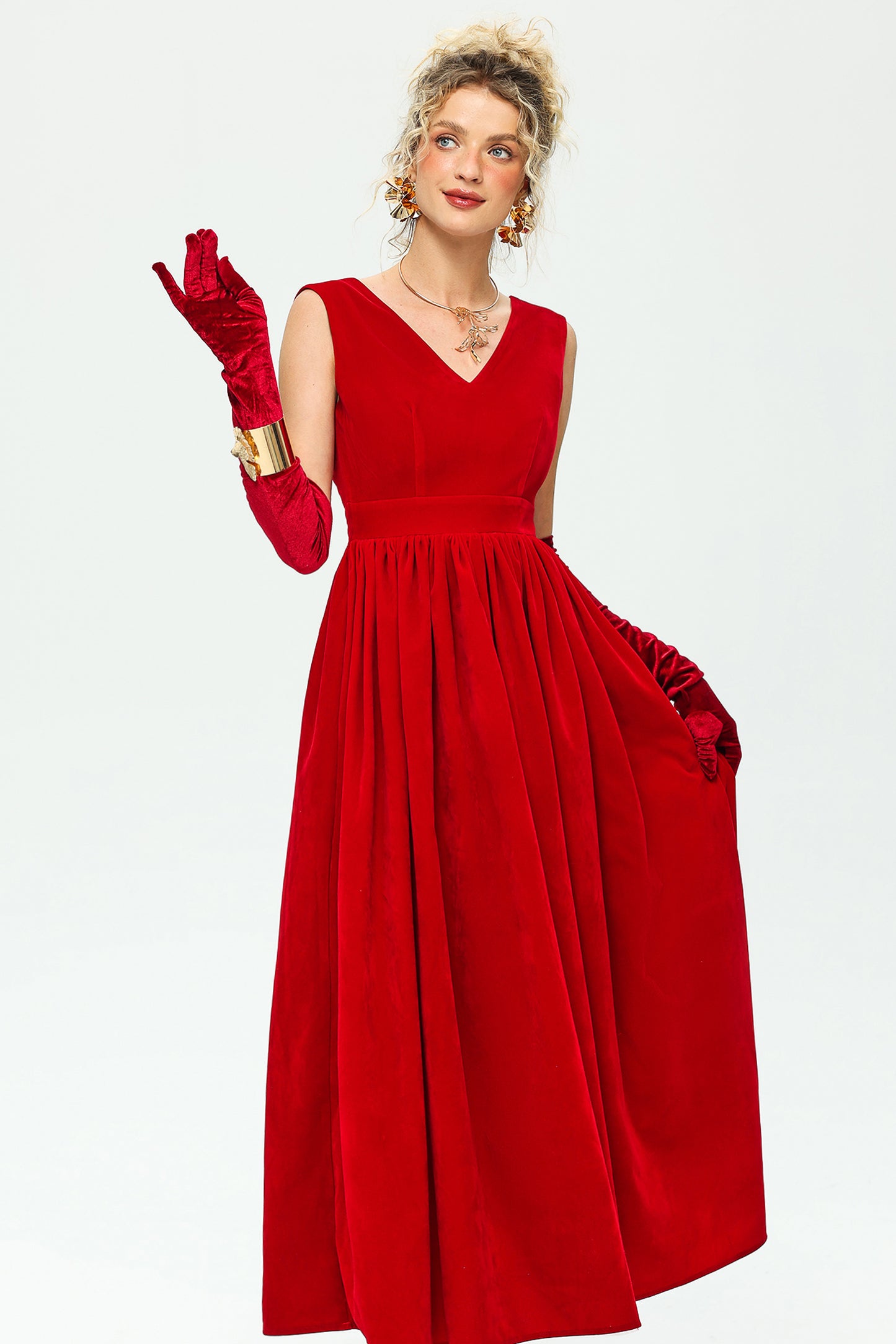 V-Neck Velvet Maxi Dress Red