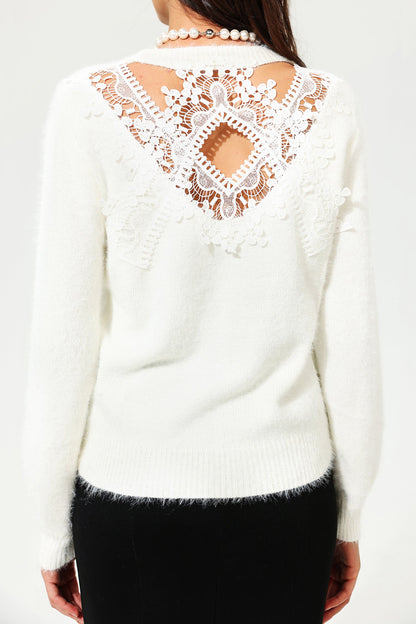 Long Sleeve Crew Collar Cut-Out Lace Sweater White