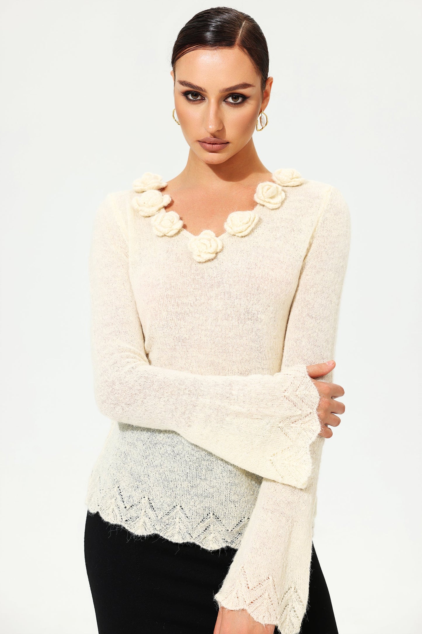 Flared Sleeve V-Neck Knit Top