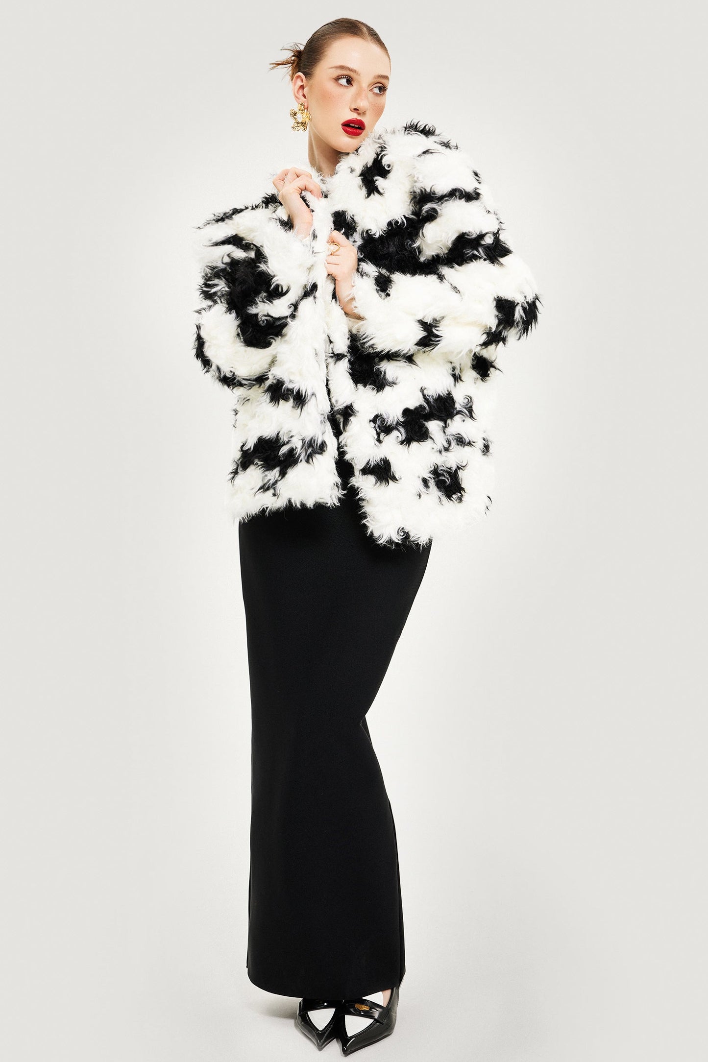 Faux Shearling Cow Print Coat