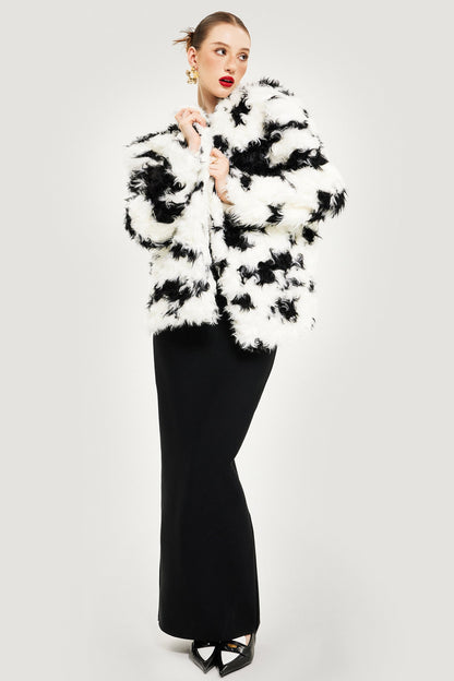 Faux Shearling Cow Print Coat