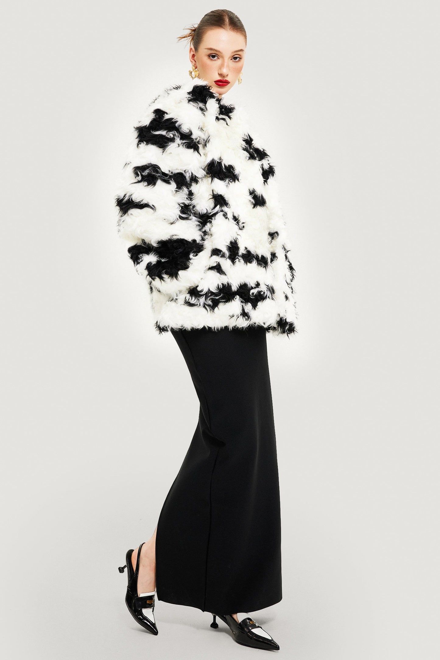 Faux Shearling Cow Print Coat