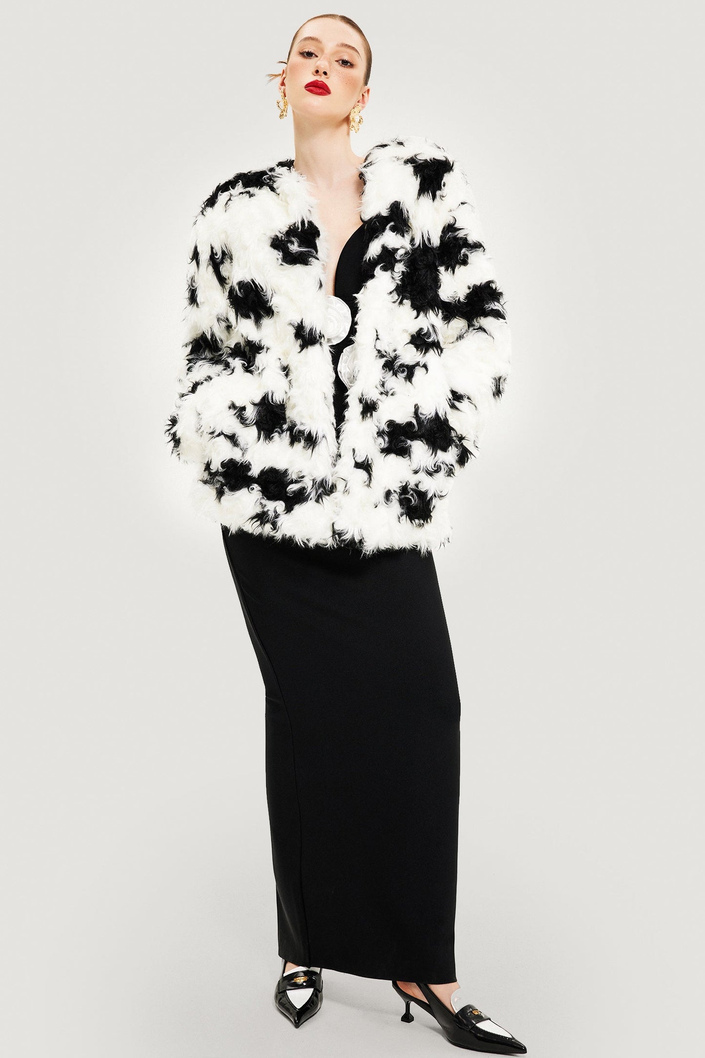 Faux Shearling Cow Print Coat