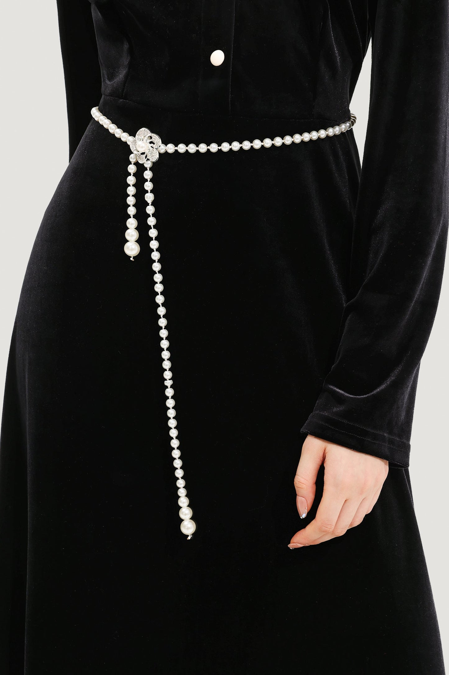 Floral Metal Pearl Waist Chain Silver