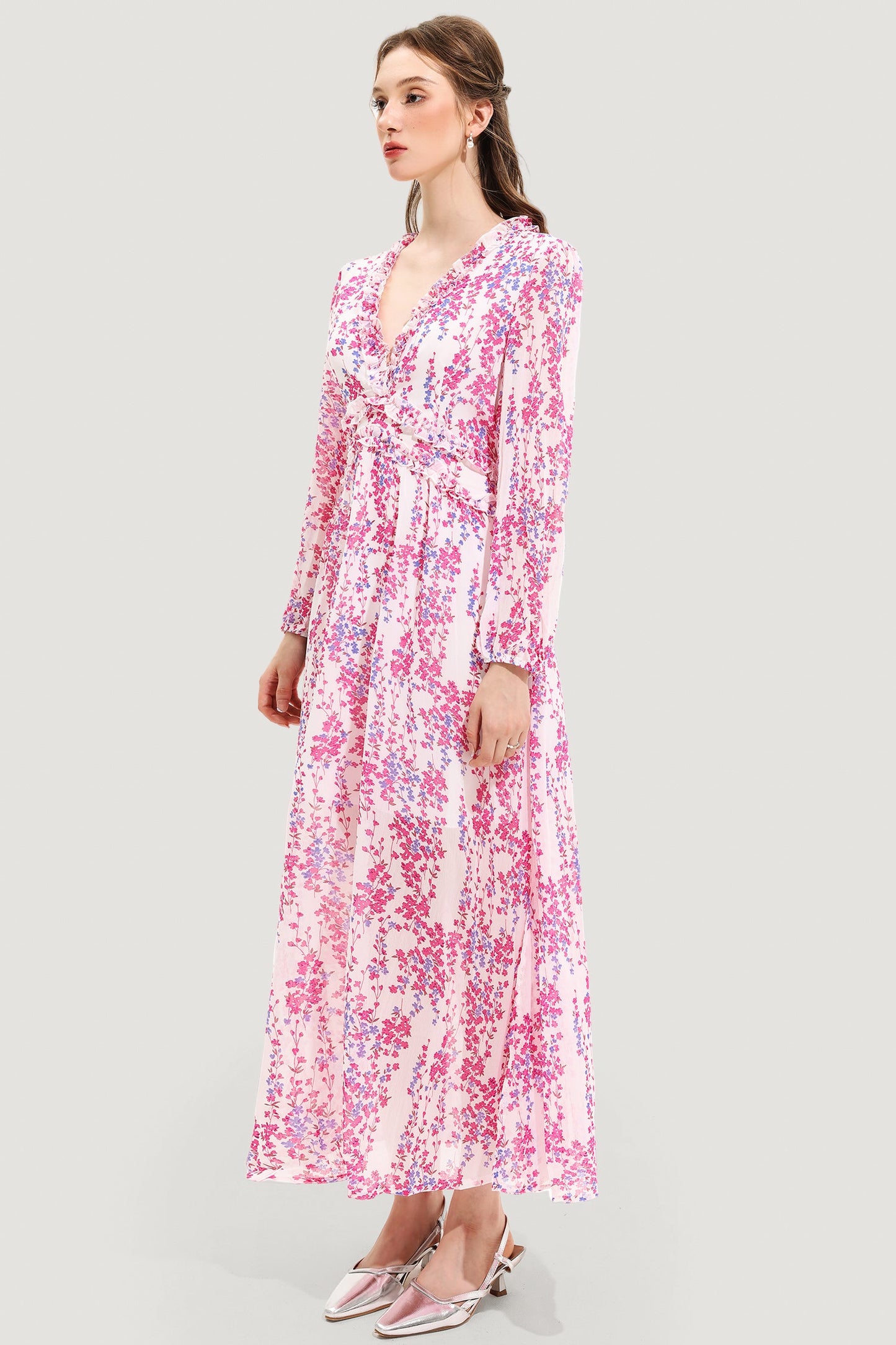 Floral V-Neck Long Sleeve Midi Dress Pink