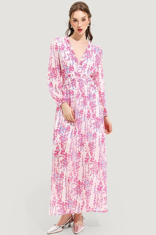 Floral V-Neck Long Sleeve Midi Dress Pink