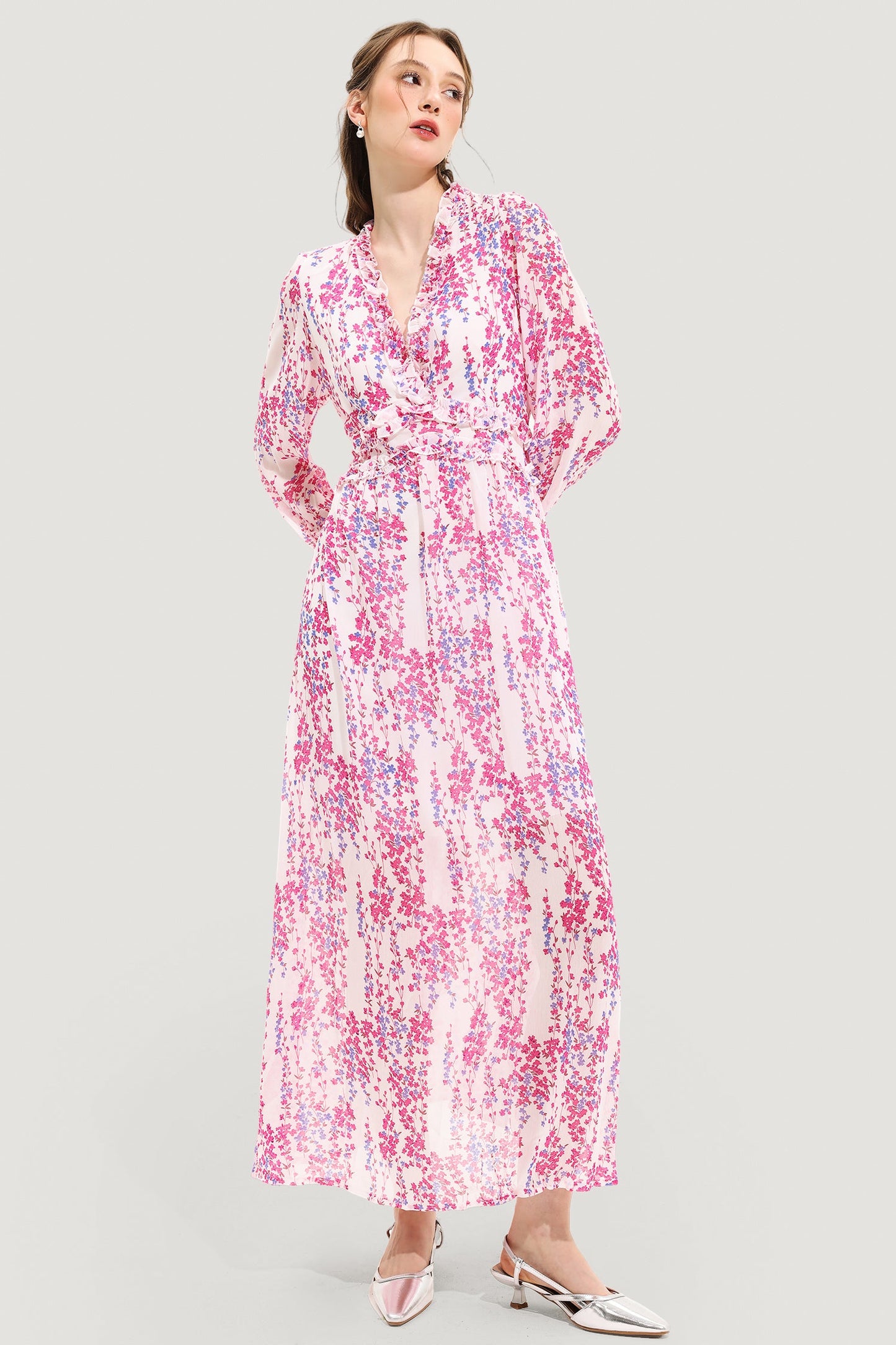 Floral V-Neck Long Sleeve Midi Dress Pink