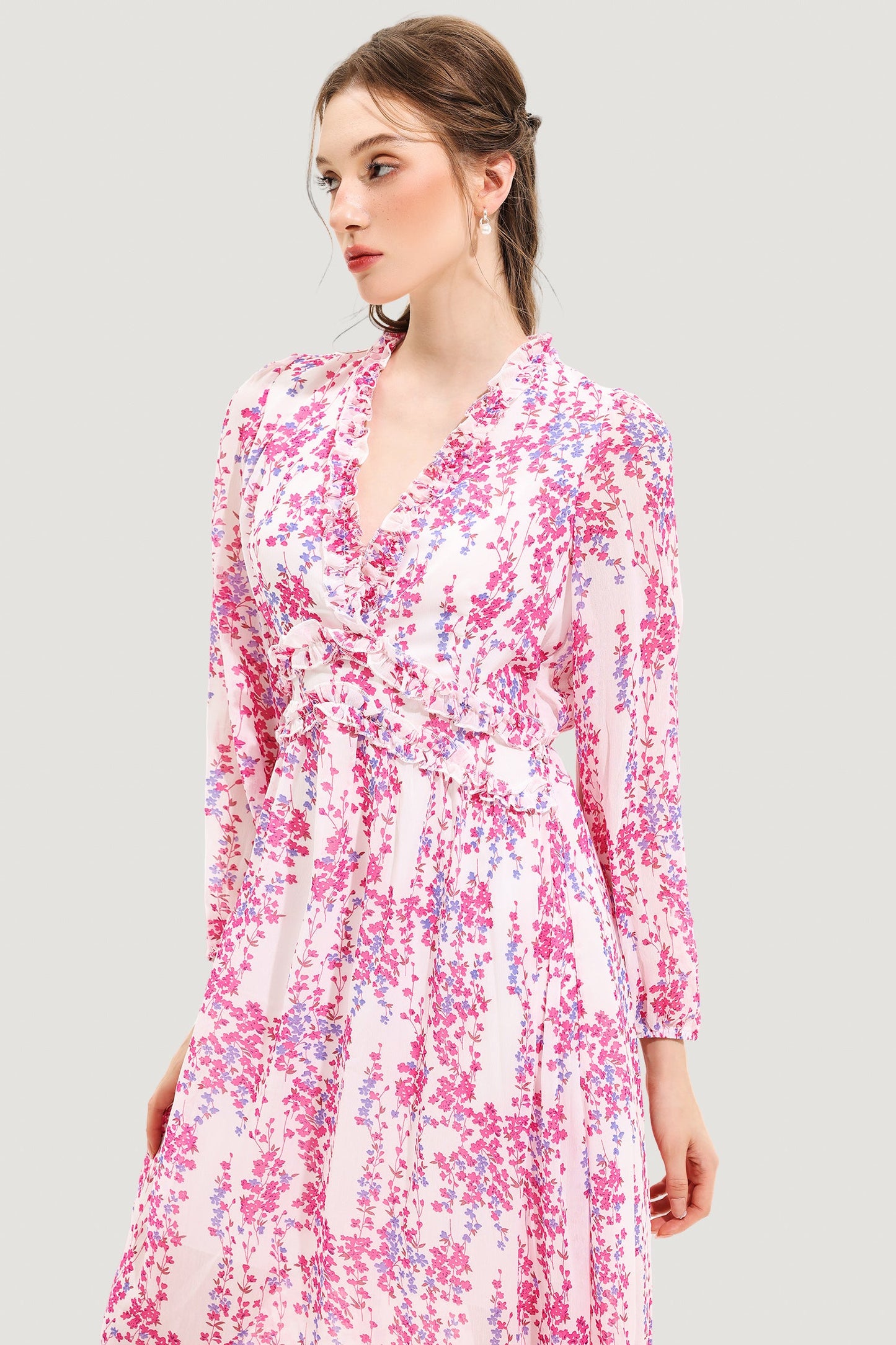 Floral V-Neck Long Sleeve Midi Dress Pink