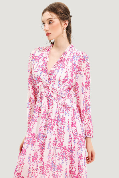 Floral V-Neck Long Sleeve Midi Dress Pink