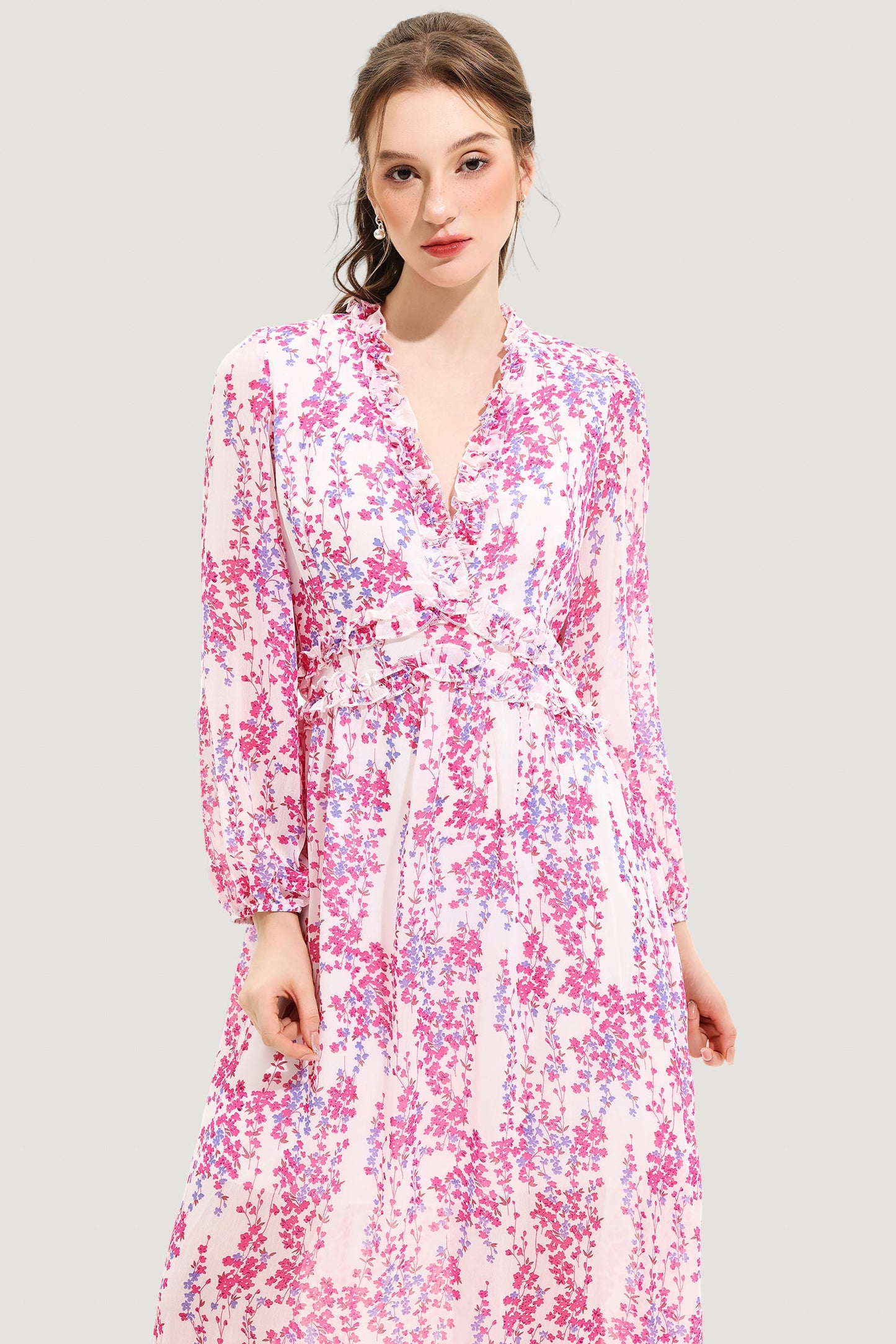 Floral V-Neck Long Sleeve Midi Dress Pink
