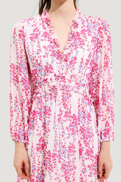 Floral V-Neck Long Sleeve Midi Dress Pink