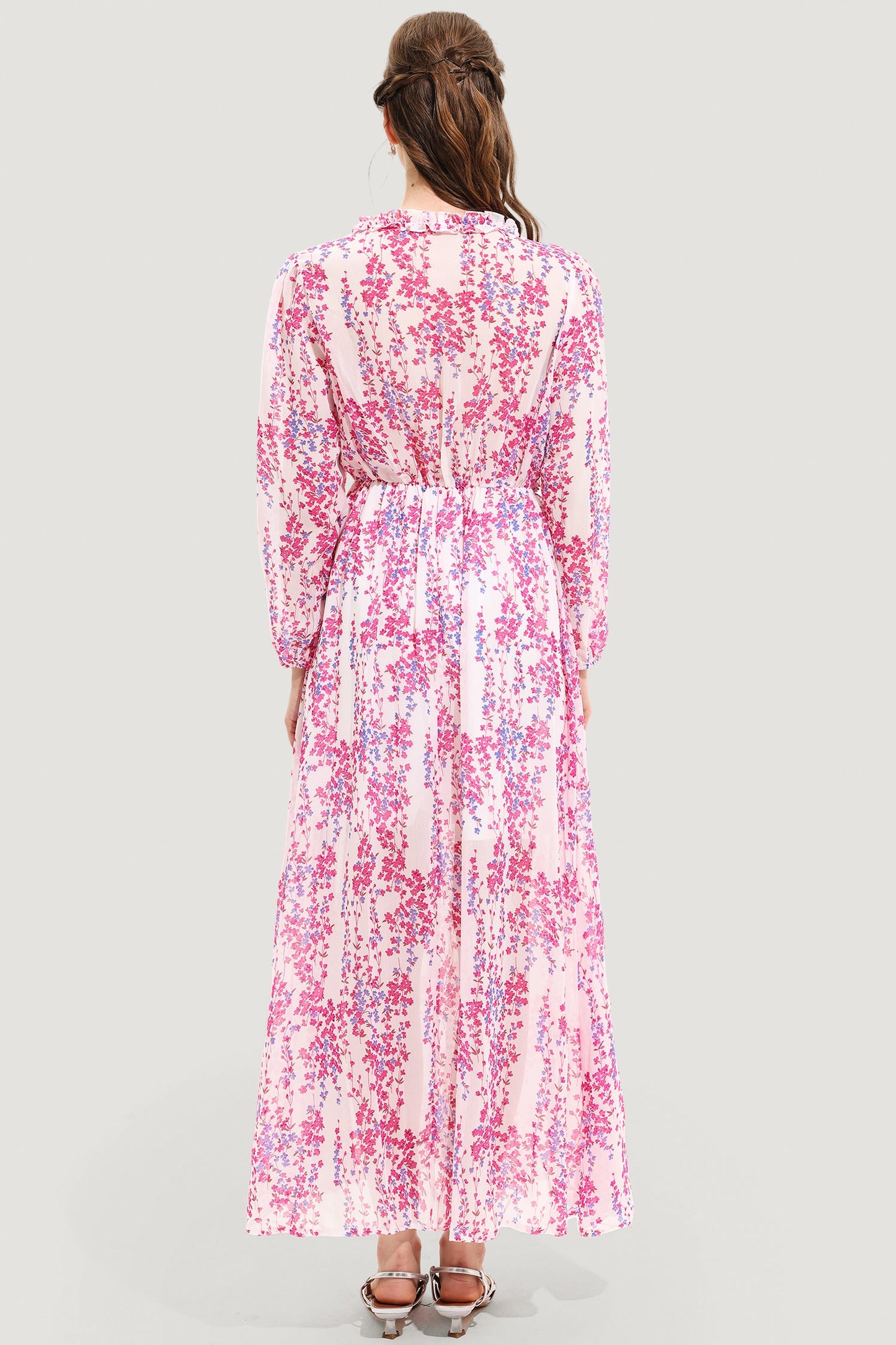 Floral V-Neck Long Sleeve Midi Dress Pink