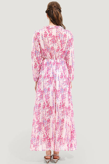 Floral V-Neck Long Sleeve Midi Dress Pink