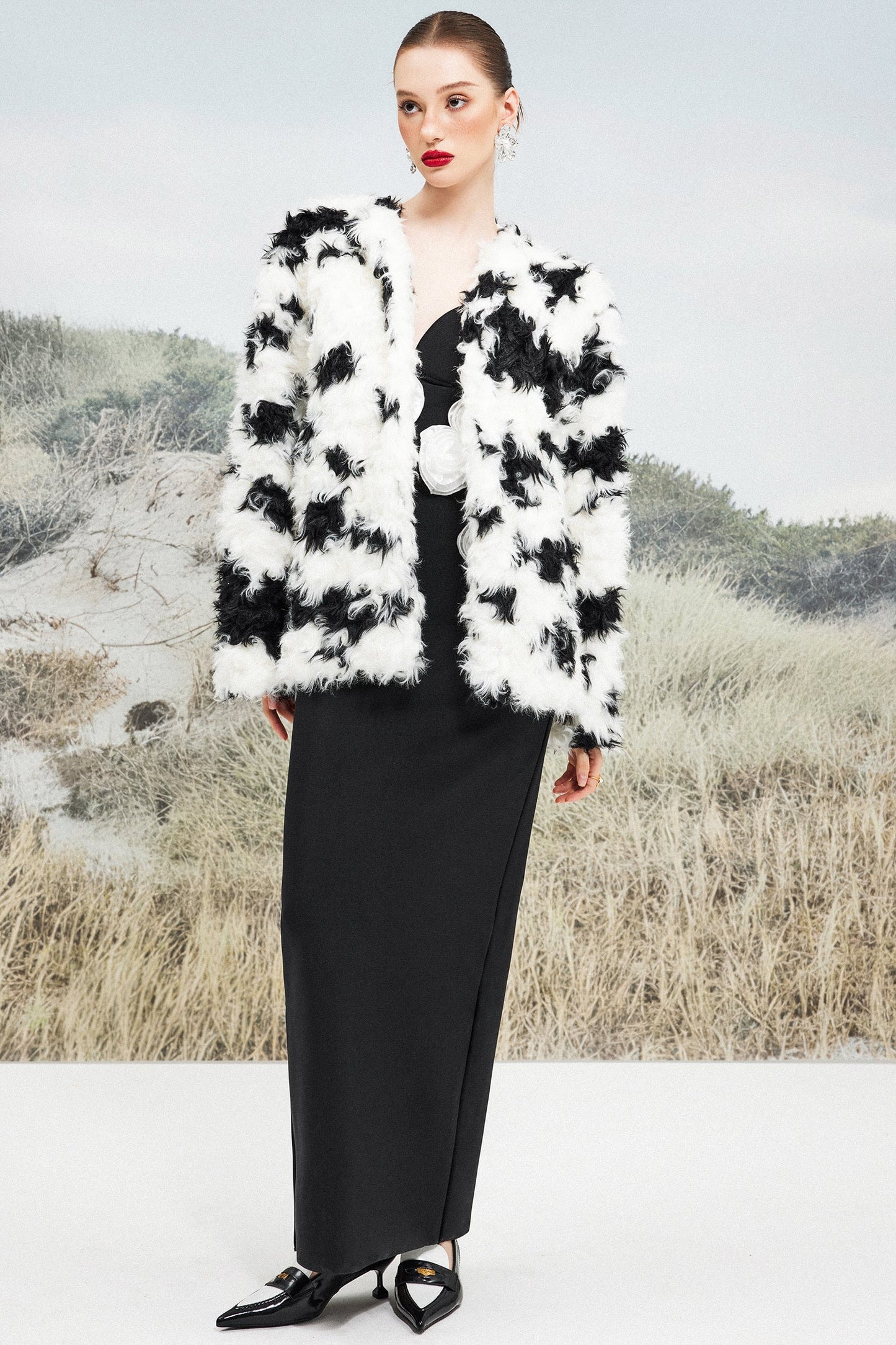 Faux Shearling Cow Print Coat