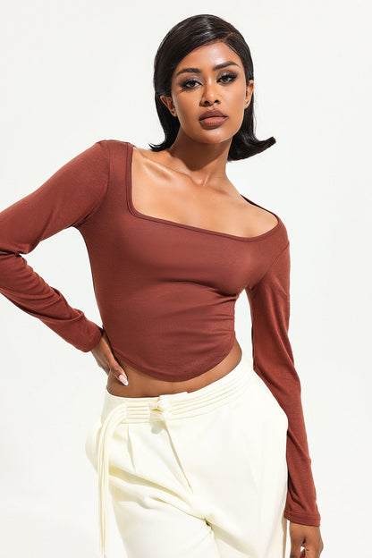 Square Collar Solid Long Sleeve Knit Top