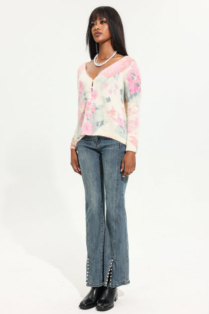 Knit V-Neck Floral Cardigan
